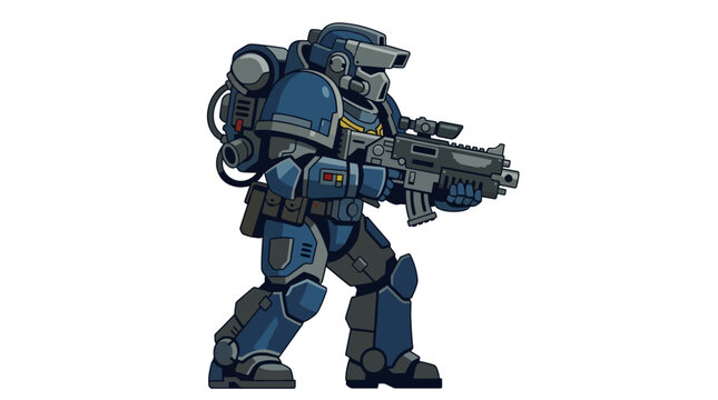 Sci-fi soldier pixel art with rifle, futuristic warrior, combat armor, blue suit