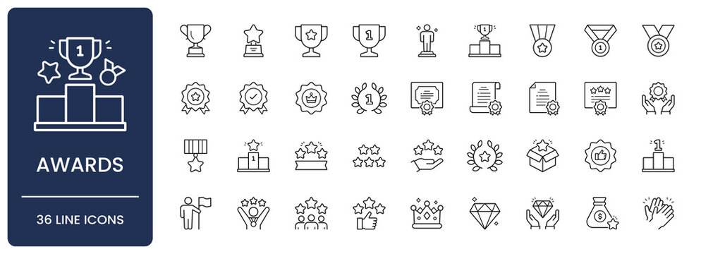 Awards icon set. Collection of champion trophy cup, gold medal, certificate diploma, winner podium, achievement badge and laurel wreath line icon vector illustration with editable stroke.