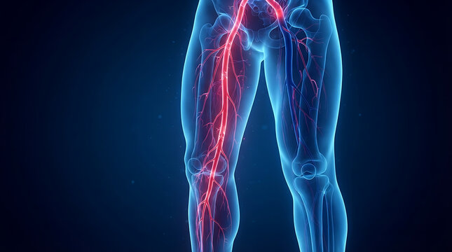 Detailed anatomical cross-section illustration of human legs showing muscle structure, blood vessels, and nervous system
