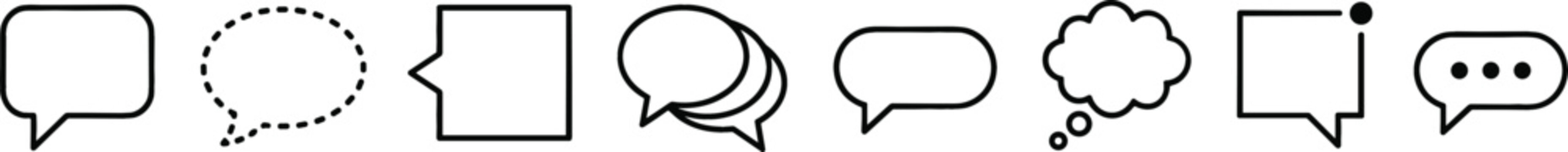 Speech bubble and chat message thin line icons set with comment balloon thought cloud dotted and square shapes,