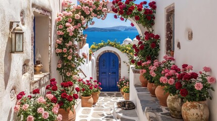Fototapeta premium A breathtaking, high-quality photograph of a white-washed Greek island alleyway framed by a spectacular arch of climbing pink and red roses,