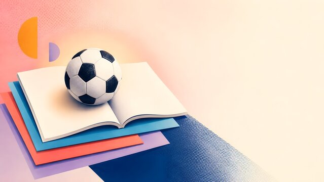 Football sports article illustration featuring a classic soccer ball resting on an open book with colorful layered paper, halftone texture, and spacious editorial copy space