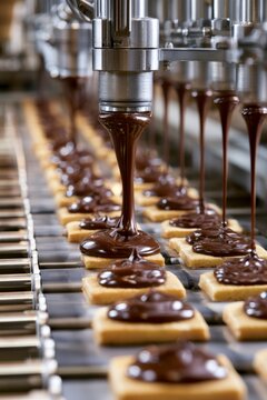Chocolate factory manufacturing sweets on automated production line, vertical