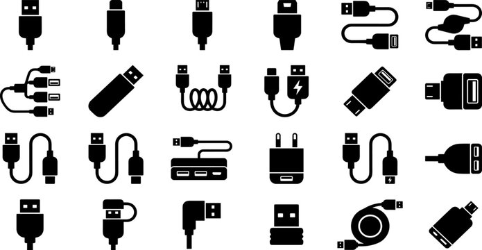 USB cable and connection ports icon set featuring black silhouette symbols for chargers adapters and data transfer on white background