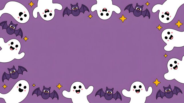 Cute cartoon ghost and bat border frame on a bright purple background for halloween party invitation