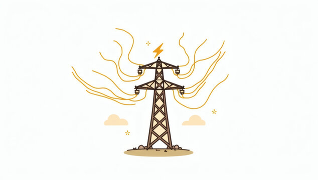 Minimalist Vector Illustration of a High Voltage Electrical Transmission Tower Carrying Power Lines on a White Background