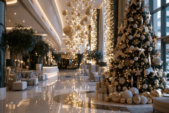 Luxury hotel lobby decorating for christmas holiday