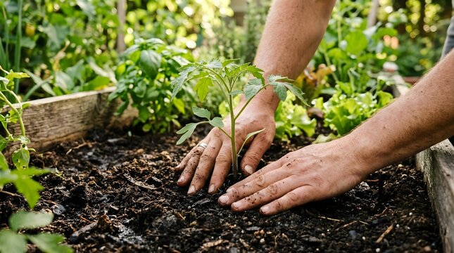 Hands carefully planting a young tomato seedling into rich soil within a raised garden bed surrounded by lush green plants and sunlight filtering through leaves creating a peaceful natural scene