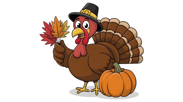 Happy turkey bird wearing a pilgrim hat holding colorful autumn leaves and a pumpkin for thanksgiving
