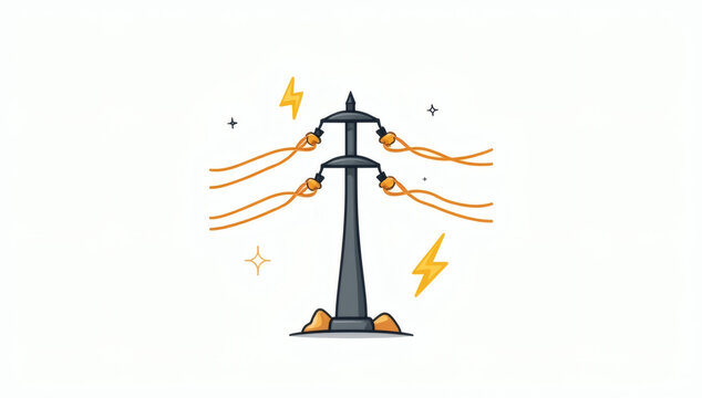 Electric power transmission tower with energy transfer lines and lightning bolts, symbolizing electricity and power distribution