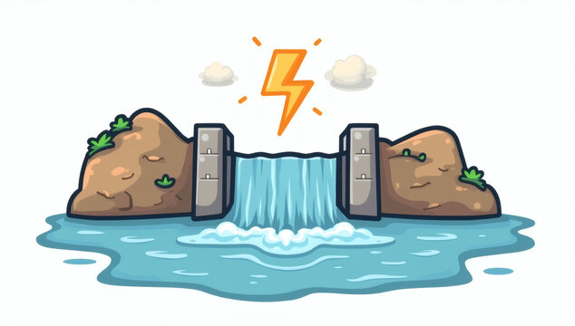 Cartoon hydroelectric power station icon with water flow and lightning bolt symbol representing renewable energy production