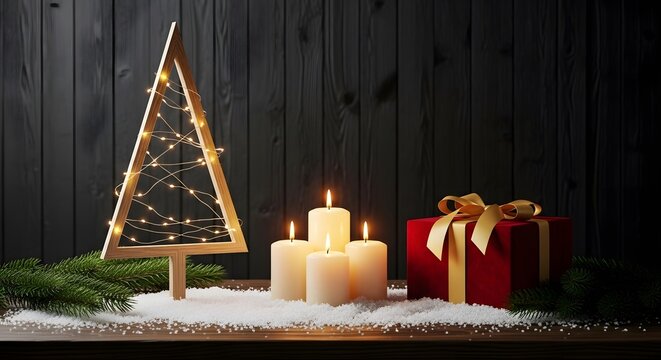 Wooden christmas tree decoration with glowing candles and a gift box on snowy dark background