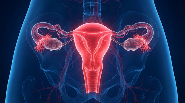 Detailed anatomical cross-section illustration of the female reproductive system showing uterus, fallopian tubes, and ovaries