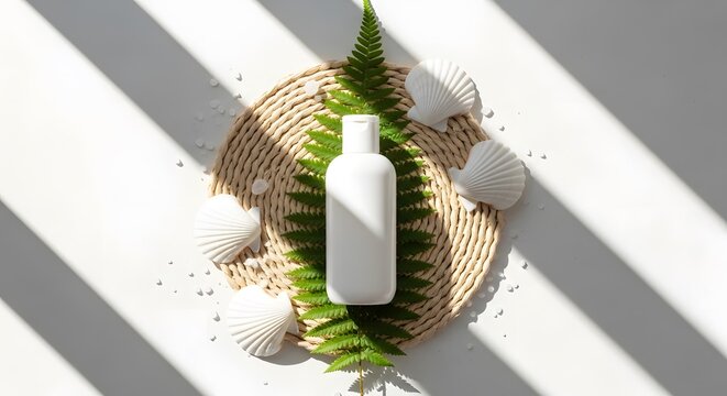 Blank white cosmetic bottle with green palm leaf on striped surface