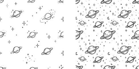 Seamless space pattern with hand drawn saturn planets and stars illustration sci fi universe astronomy celestial background seamless illustration monochrome exploration creative © Kanon Islam