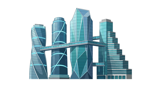 Futuristic city skyline with modern skyscrapers and skybridge.