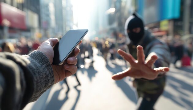 Masked thief reaching to steal smartphone in crowded city street