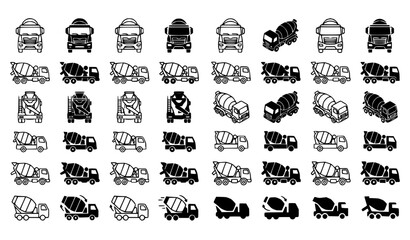 Fototapeta premium Concrete mixer truck icon set with cement mixer construction vehicle symbols in modern flat solid vector style isolated on white background
