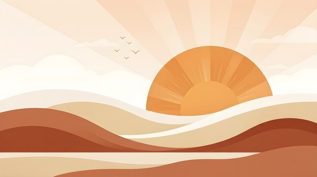 Sunrise over abstract desert landscape. Minimalist sun rising behind rolling sand dunes.