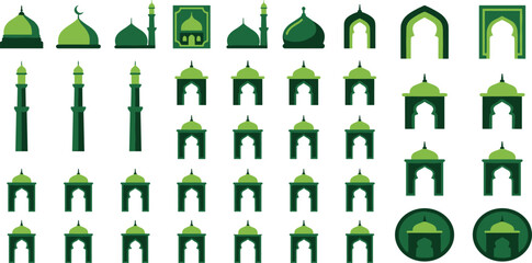 Islamic Architecture and Mosque Outline Vector Icon Collection Featuring Minarets, Domes, Crescent Moon, Prayer and Cultural Landmark Symbols © MIJANUR