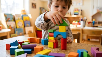 Fototapeta premium Young boy building a creative structure with colorful wooden blocks on a table in a bright sunlit room fostering early childhood development and imaginative play activities enhancing cognitive