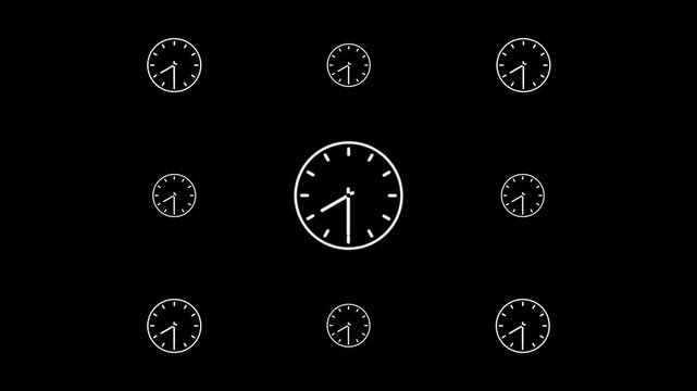 Pattern of multiple white clock arranged in a grid on a solid black background for time theme