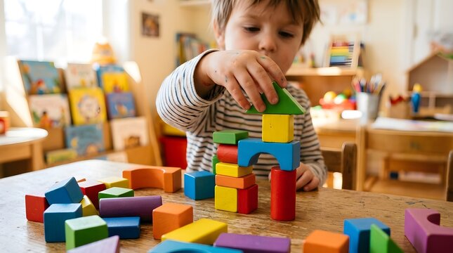 Young boy building a creative structure with colorful wooden blocks on a table in a bright sunlit room fostering early childhood development and imaginative play activities enhancing cognitive