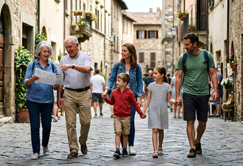 Naklejka premium Happy multi-generational family exploring historic European street together