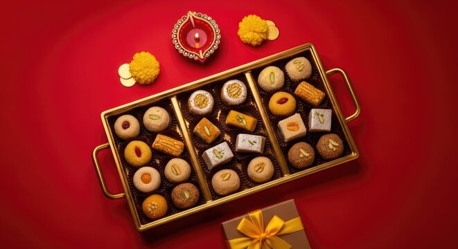 Assorted chocolates in a gold box with decorative on a red background assorted sweets decorative diwali