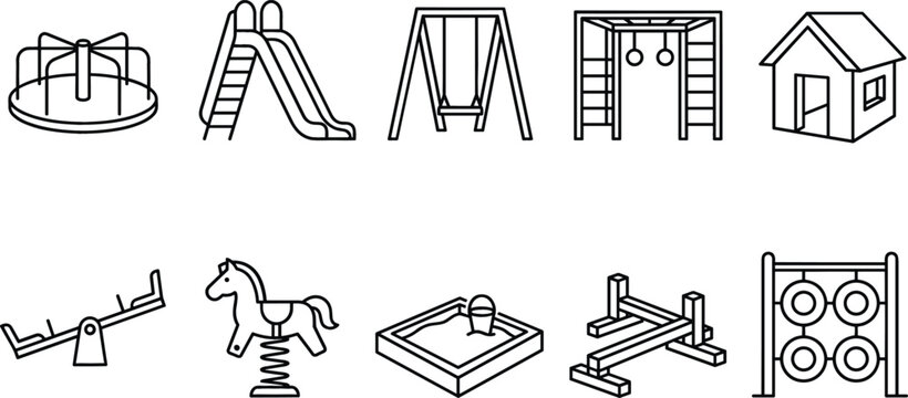 Children playground line icon set featuring carousel slide swing monkey bars playhouse seesaw spring rider sandbox tire climber