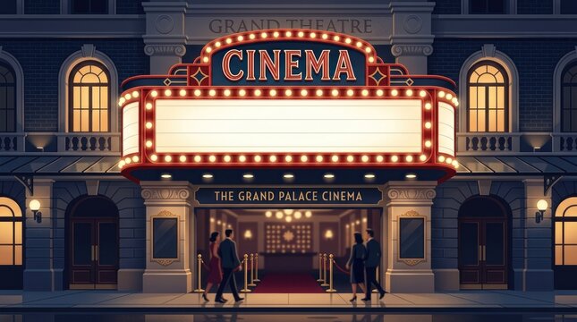 A grand, ornate theater with a marquee displaying 'Cinema' and 'The Grand Palace Cinema' in red lights, with a crowd of people walking in front of it.