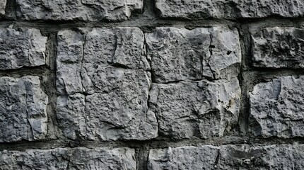 Fototapeta premium Rough textured weathered gray stone wall masonry construction surface showing weathered rock texture and mortar joints providing a rustic architectural facade and building material detail for