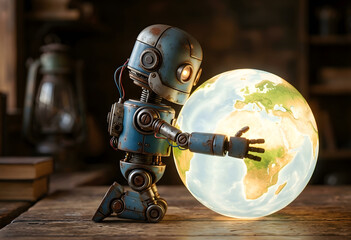 Fototapeta premium Cute rusty robot holding glowing planet earth with care