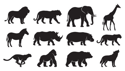 A high-quality vector collection of black silhouettes representing various wild animals. © Art Corner