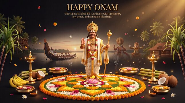 King mahabali standing on a vibrant floral pookalam rangoli, surrounded by traditional brass oil lamps, sugarcane, coconuts, and a snake boat on a river during the onam festival celebration