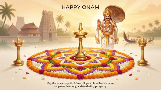 King mahabali standing with a parasol behind a vibrant floral pookalam rangoli, flanked by traditional brass oil lamps, with a temple and a snake boat in the golden sunset background, for onam