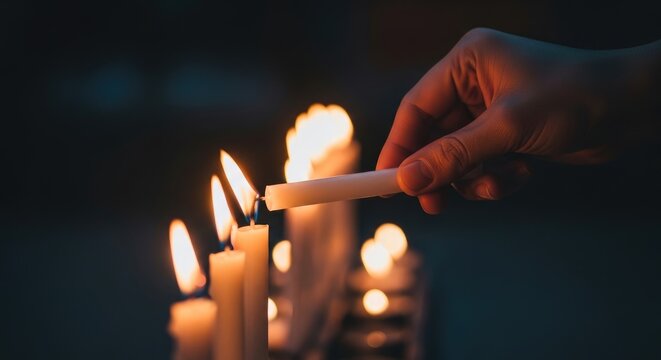 Hand lighting a white candle among other lit candles in a dark setting