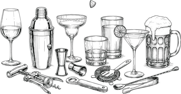 Vintage Bar Tools & Drinkware Vector Set &ndash; Cocktail Shaker, Glasses, Mixer Tools, Beer Mug
