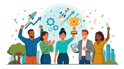 Fototapeta premium Diverse team celebrates winning a trophy, project success, startup growth, business achievement