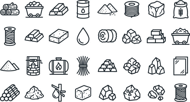 Industrial commodities and raw materials line icon set featuring timber coal metals oil minerals fabric gas stones and agricultural resources