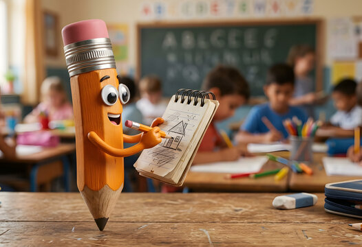 Whimsical animated pencil character drawing in a busy classroom