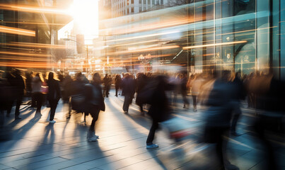 Obraz na płótnie Canvas A busy city street in rush hour with commuters passing by. Long exposure motion blur urban scene