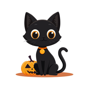 illustration of a black cat with a pumpkin for Halloween, a cartoon character, an illustration for the design of festive themed goods  