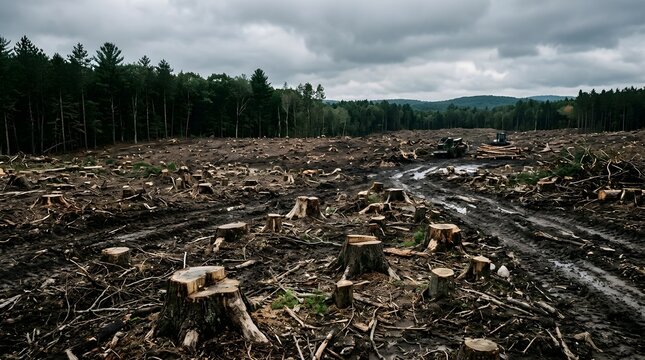 Gloomy overcast sky looms over a vast cleared forest area showing numerous felled tree stumps on muddy terrain with tire tracks and distant evergreen woods under a somber atmospheric light and