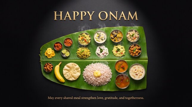 Traditional kerala onam sadhya feast served on a fresh green banana leaf with rice, assorted vegetable curries, banana chips, and papadum, set against a dark background, with gold text