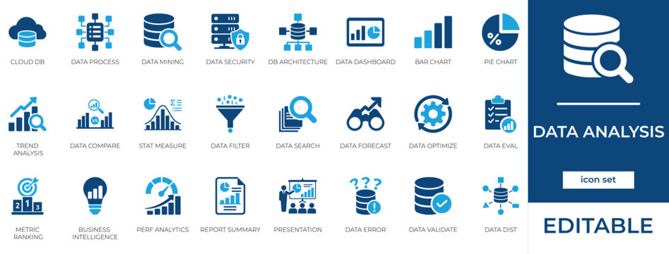 Data Analysis Icon Set. Business Intelligence Dashboard and Big Data Mining Server Solid Glyph Elements