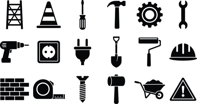 Construction Tools and Home Improvement Flat Vector Icon Collection Featuring Hammer, Wrench, Screwdriver, Drill, Measuring Tape and DIY Equipment