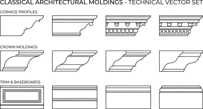 Ornate classical architectural molding vector illustration featuring detailed technical cornice profile designs and elegant crown moulding trim segments for interior decor and construction.