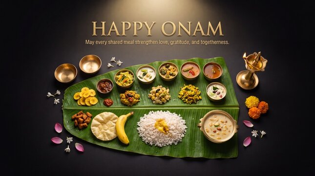 Traditional kerala onam sadhya feast served on a green banana leaf with brass oil lamp, rice, curries, banana chips, and papadum against a dark background