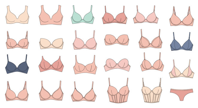 Big collection of different women's bra designs, lingerie types, underwear, and panties, isolated vector set.